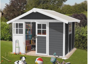 Cabane de jardin gris et blanc
