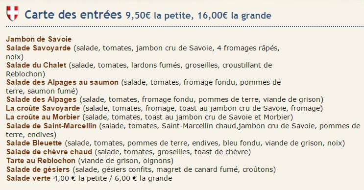 Chalet savoyard menu
