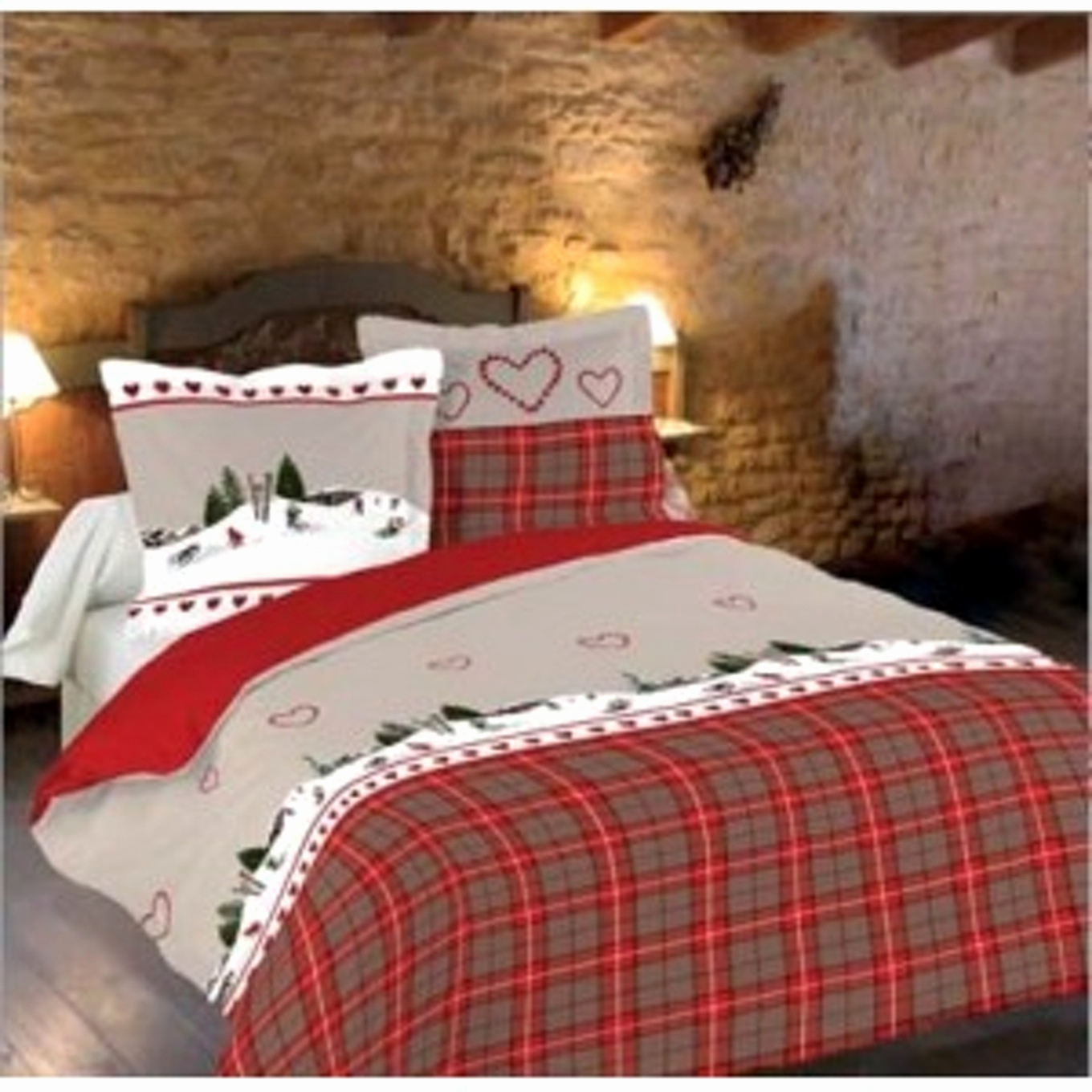 Housse De Couette Coton 280x240 Cm Motif Montagne Rouge - Style Chalet D'hiver, Pour Grands Lits