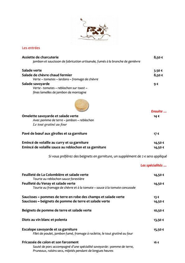 Le chalet sens menu