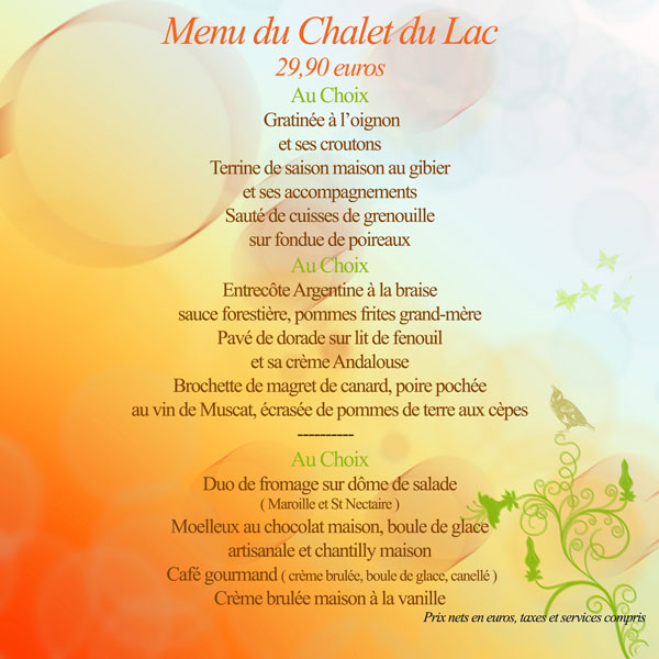 Menu chalet du lac