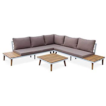 Salon de jardin bois sofa eivissa coussin taupe