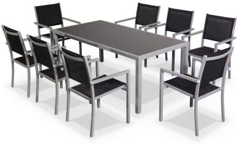 Salon de jardin en aluminium table 8 places gris textilène fauteuil