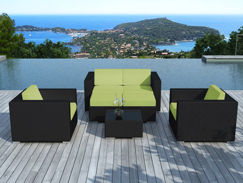 Salon de jardin résine tressée coussin vert