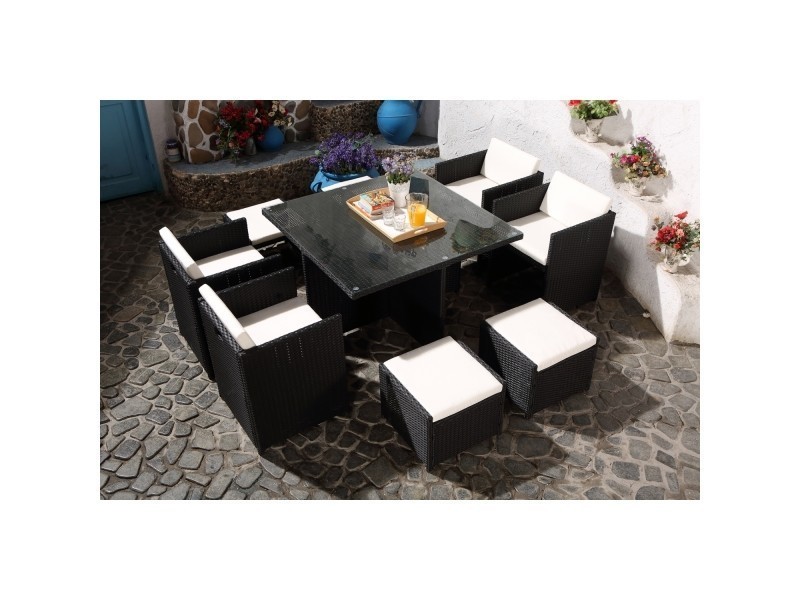 Salon de jardin noir en poly rotin 8 personnes