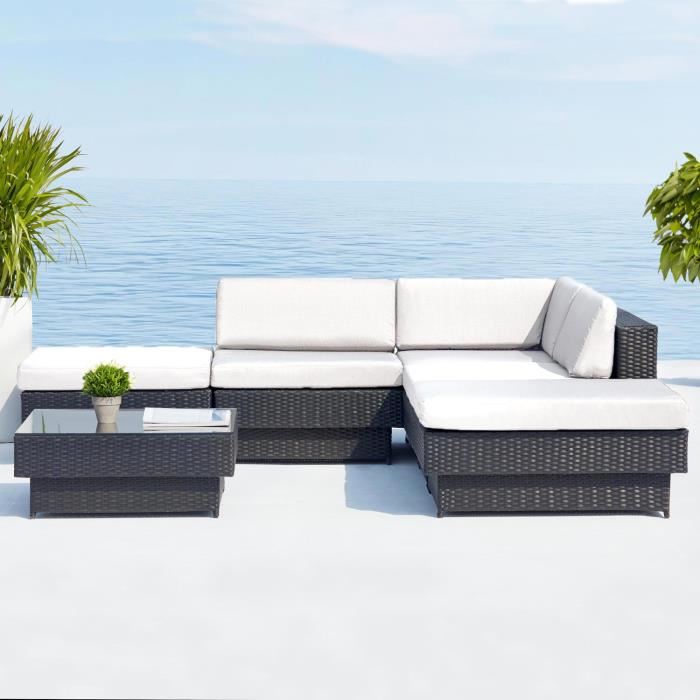 Salon de jardin en resine tressee poly rotin noir