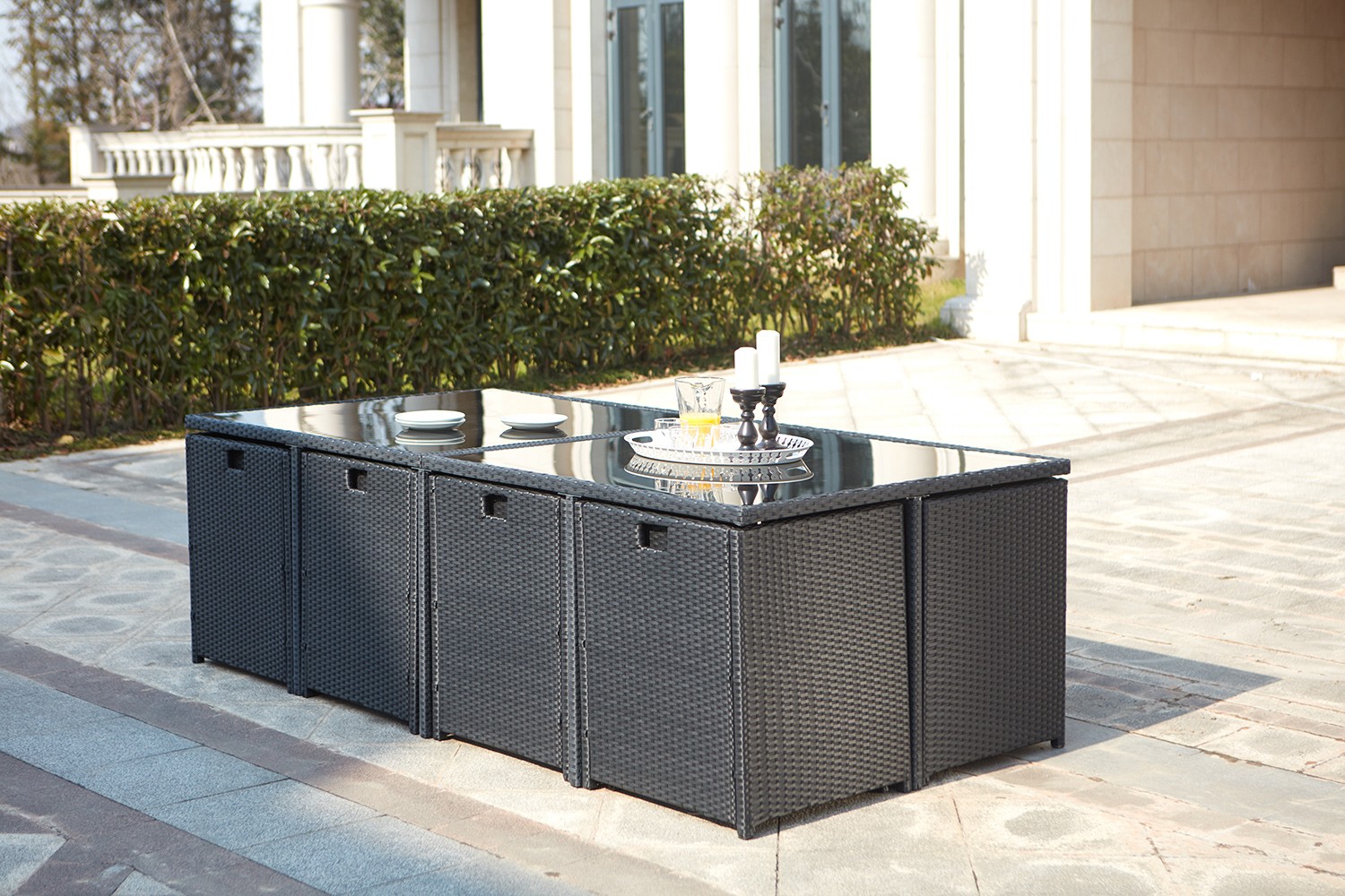 Salon de jardin en resine tressee encastrable 6 places
