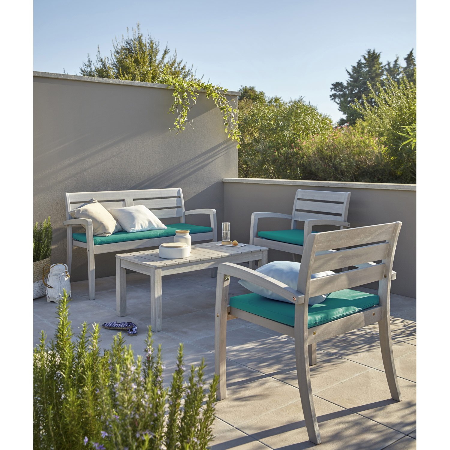 Salon de jardin banquette bois