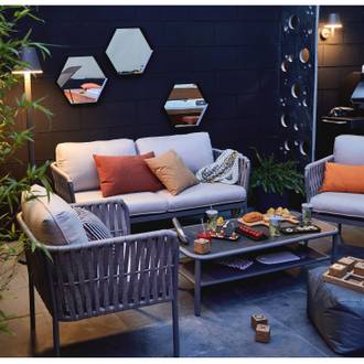 Salon bas de jardin cap est résine tressée gris