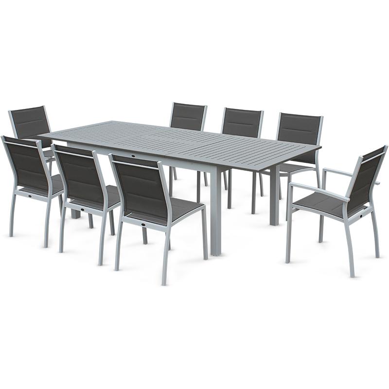Salon de jardin chicago 8 places table à rallonge extensible 175/245cm alu gris textilène gris