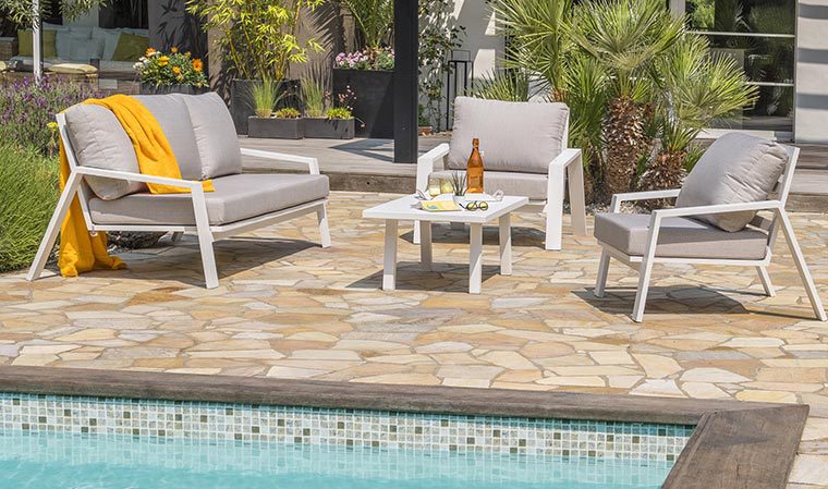 Salon de jardin bois sofa eivissa coussin taupe