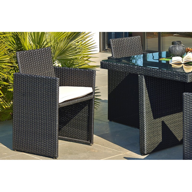Salon de jardin table résine tressée avec 4 fauteuils encastrables